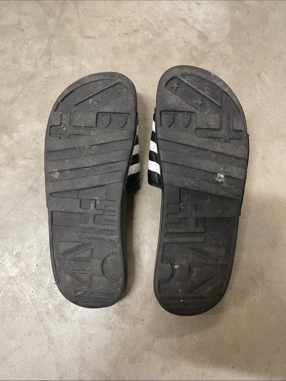 adidas Black Slide Sandals with White Stripes - Picture 2 of 6